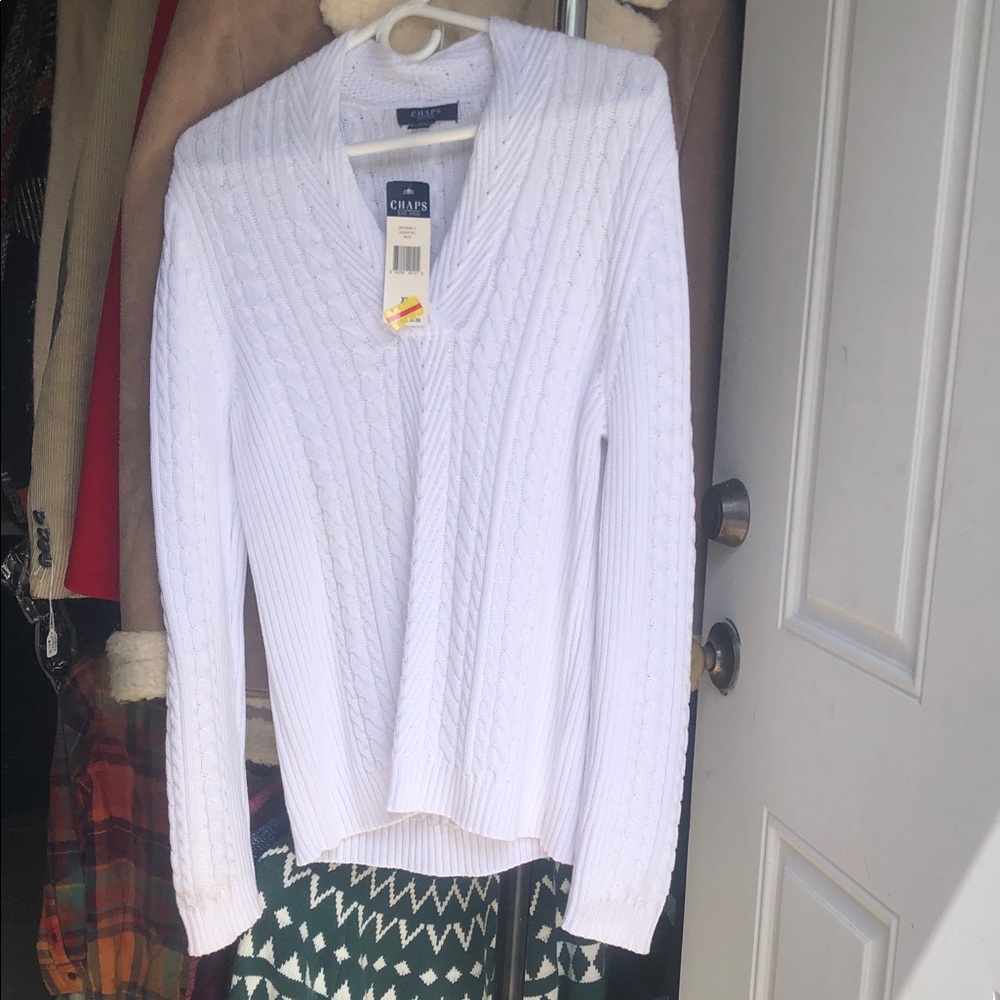 Chaps White Cable V-Neck Sweater